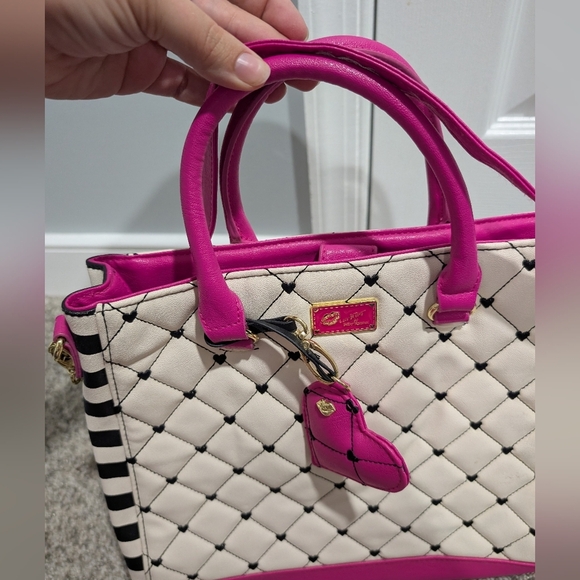 Luv Betsey by Betsey Johnson Pink and Cream Quilted Satchel Bag w/Heart Details - Picture 9 of 13